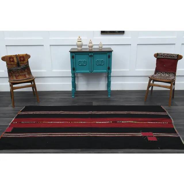 1970s Turkish Hand-Knotted Wool Cotton Black Kilim Runner Rug 118x238