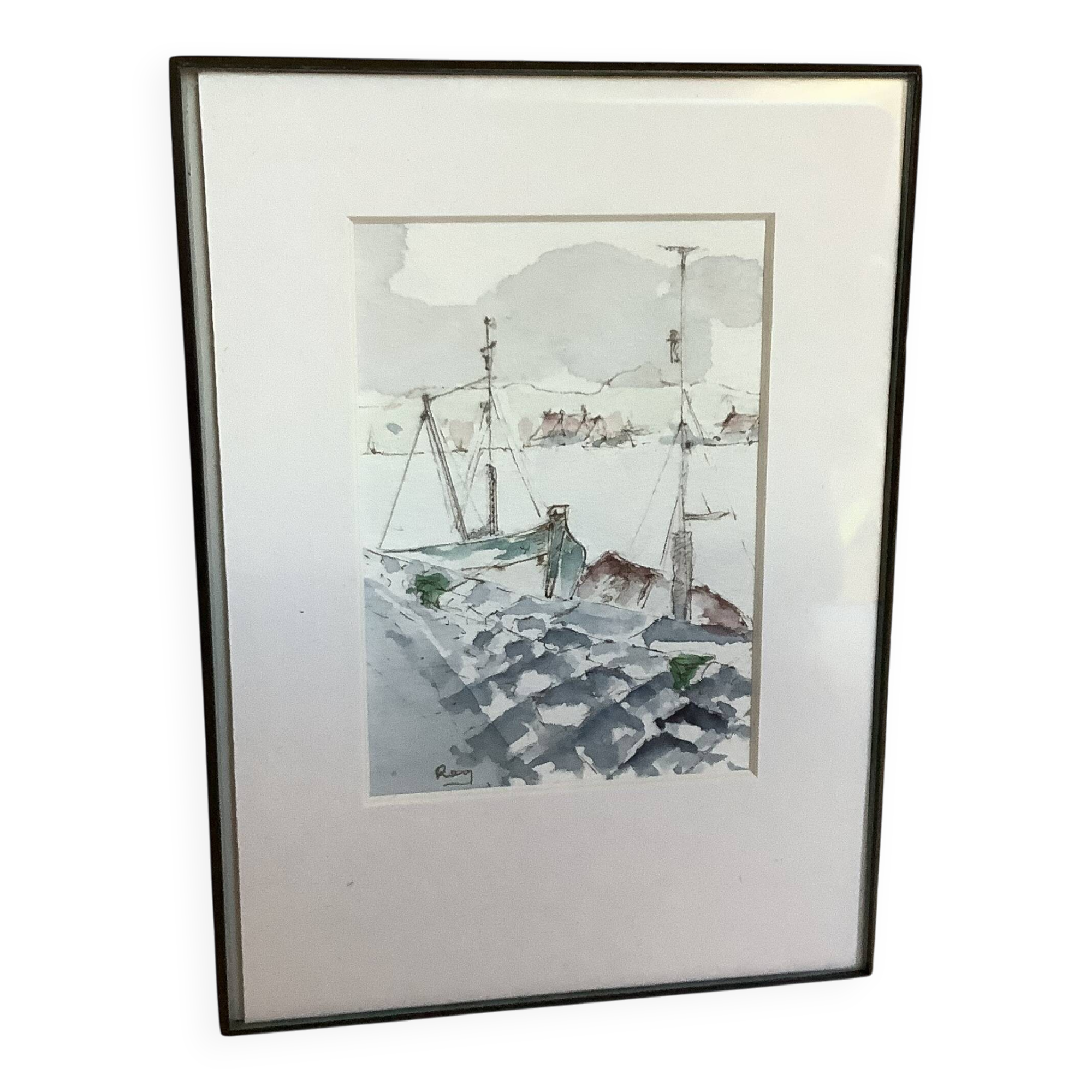 Small signed watercolor marine painting