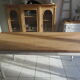 Farm table, leg and belt patinated pearl gray, wooden top.