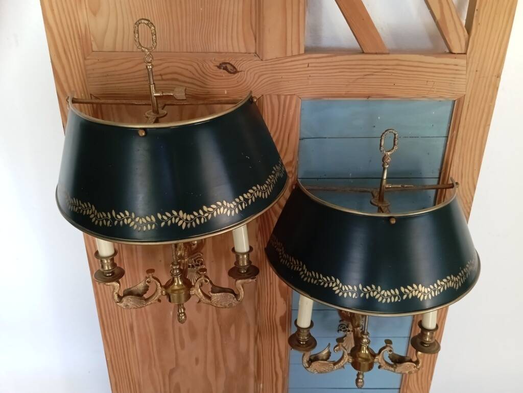 Pair of bronze and sheet metal hot water bottle wall lights