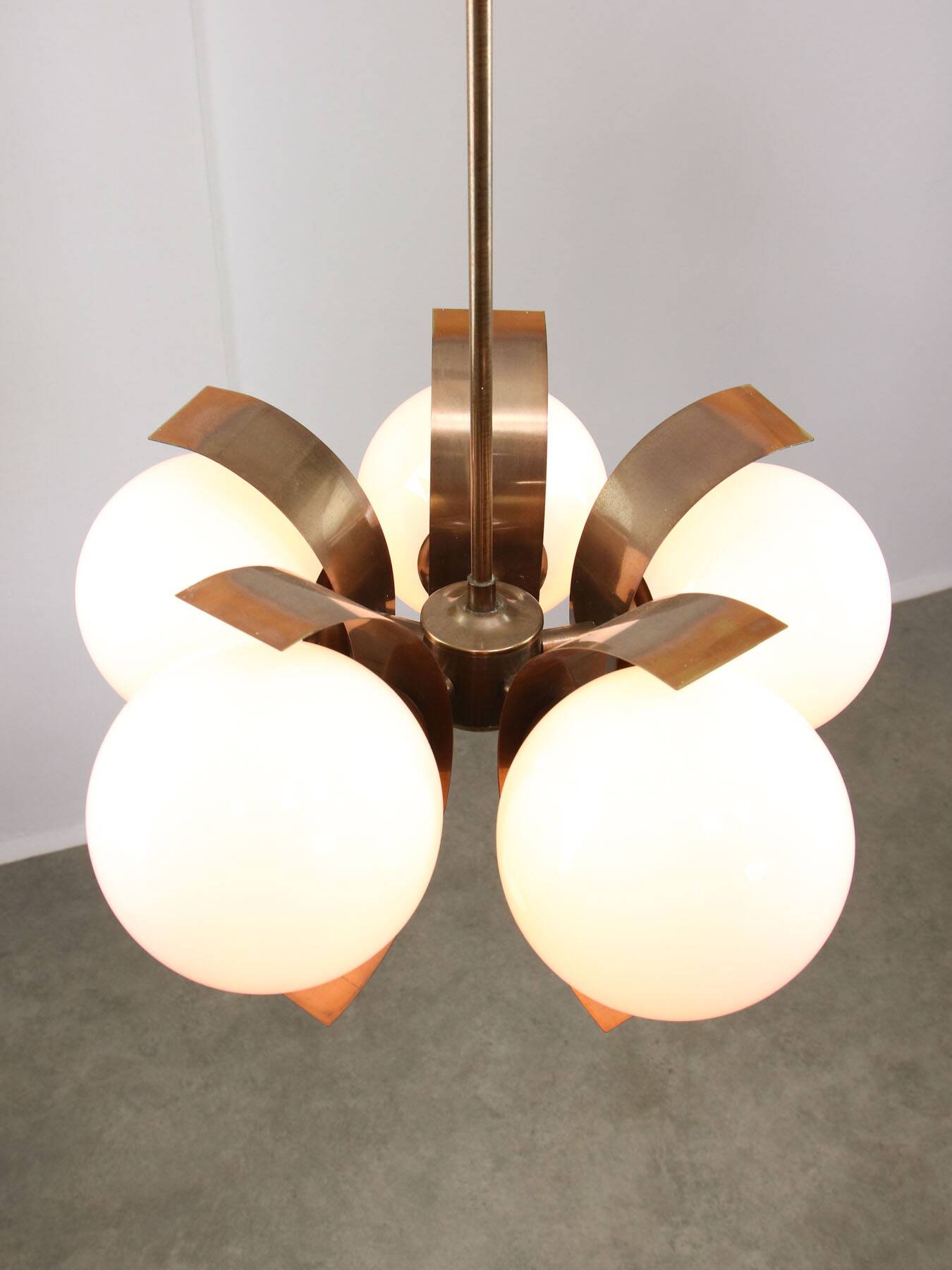 Vintage Italian Copper and Opaline Chandelier, 1970s