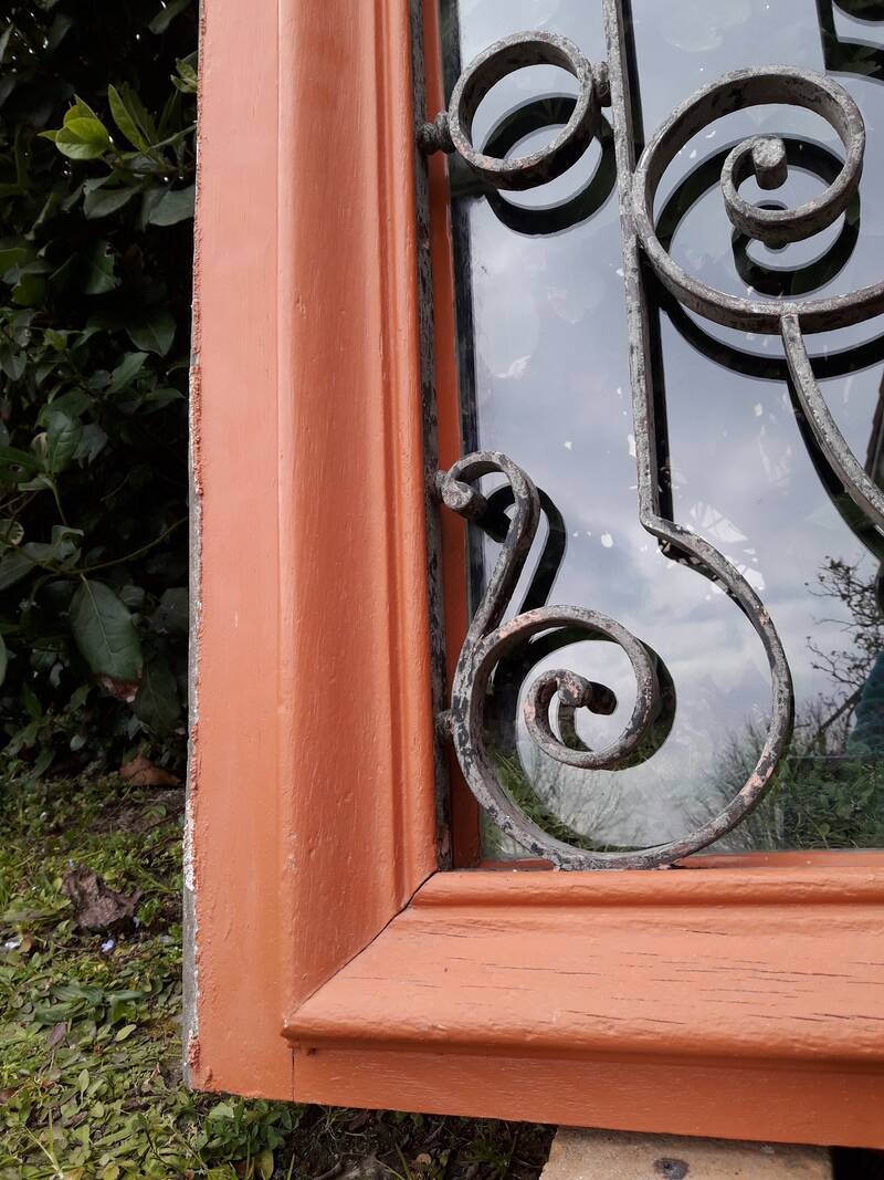 Window frame 179x88cm walnut oak wrought iron grille opening glass panel