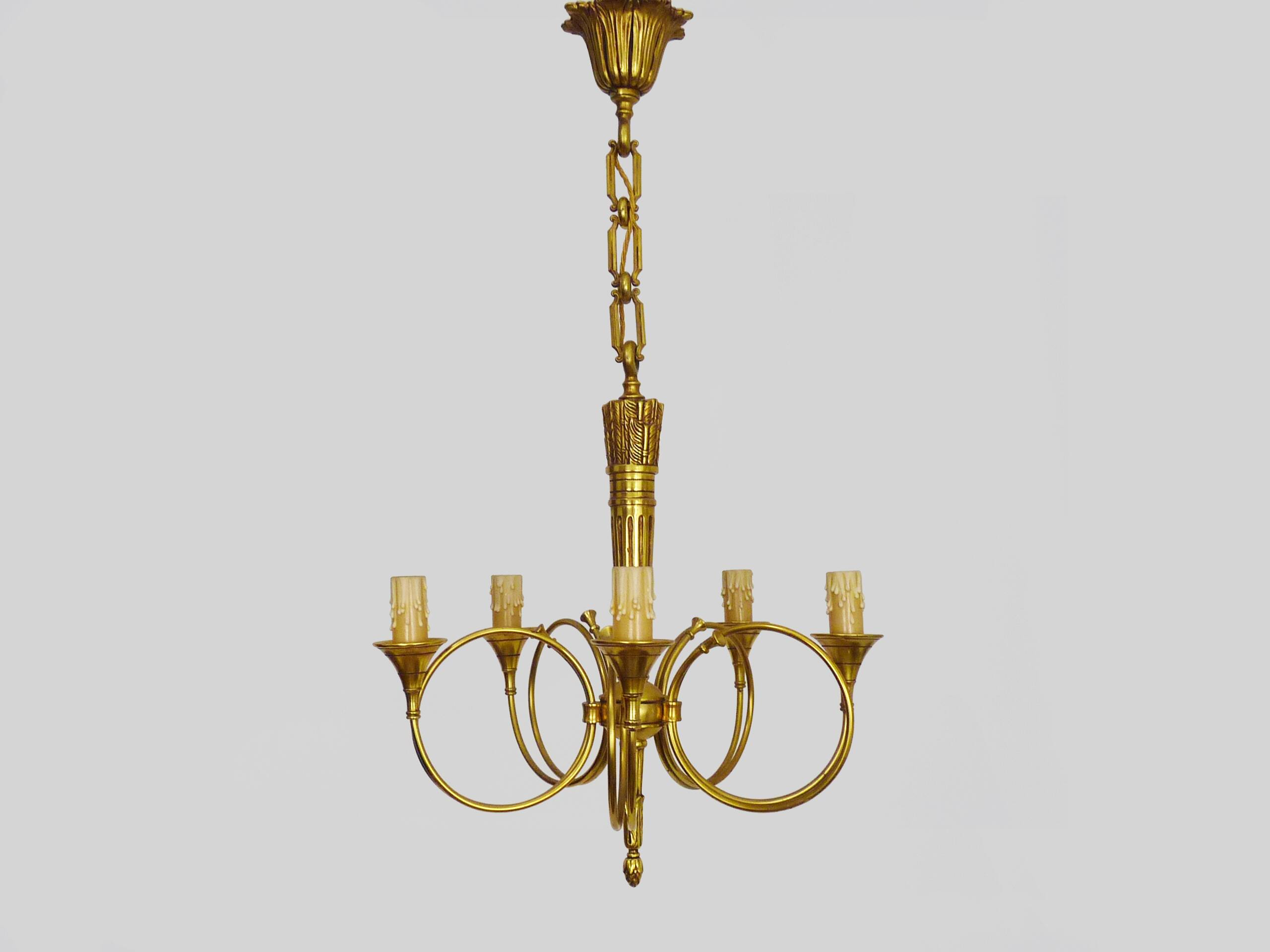 Chandelier Aux Trompes de Chasses in bronze 5 lights Louis XVI-Directoire style