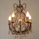 Vintage Italian 5 Arm Gilded Metal Cage Chandelier Beads &Pink Murano Drops