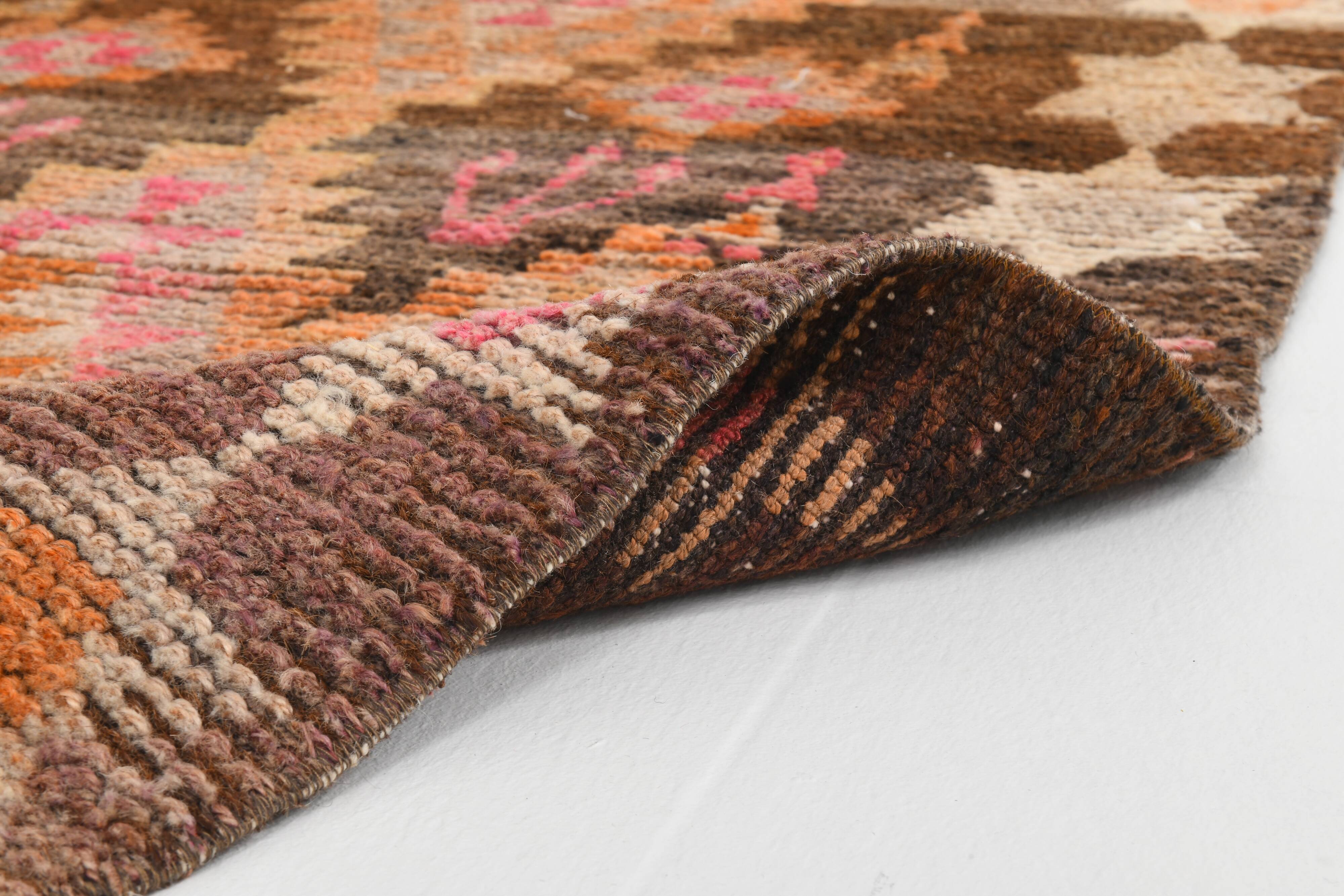 3x7 Brown Hot Pink Turkish Vintage Runner Rug, 92x227Cm