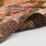 3x7 Brown Hot Pink Turkish Vintage Runner Rug, 92x227Cm