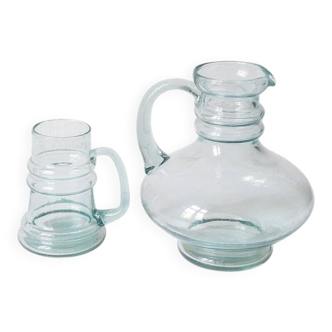 Vintage hand-blown glass carafe and jug set by Mars Kristall.