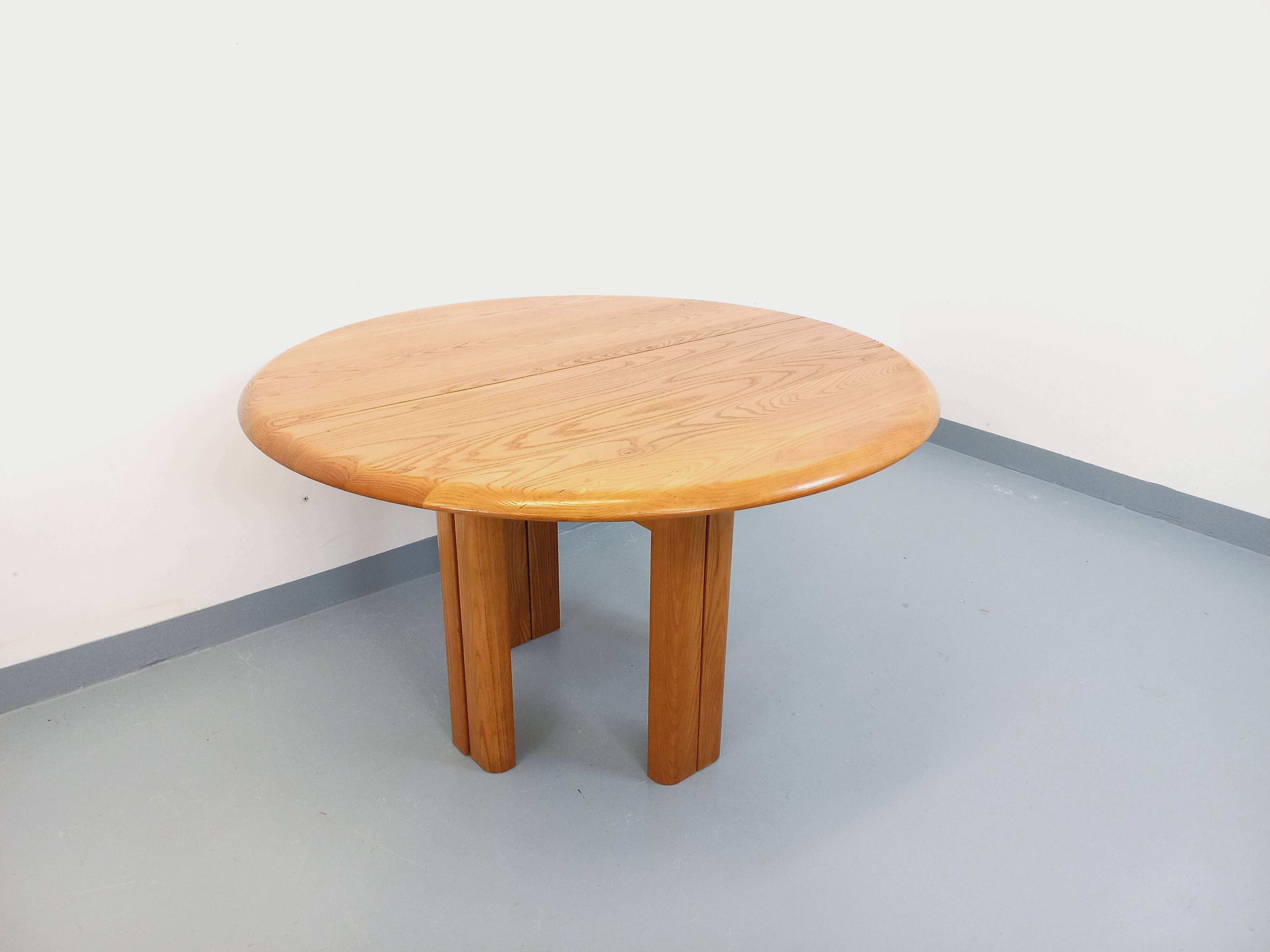 Table à manger ronde vintage Seltz des années 70 80 en orme blond massif