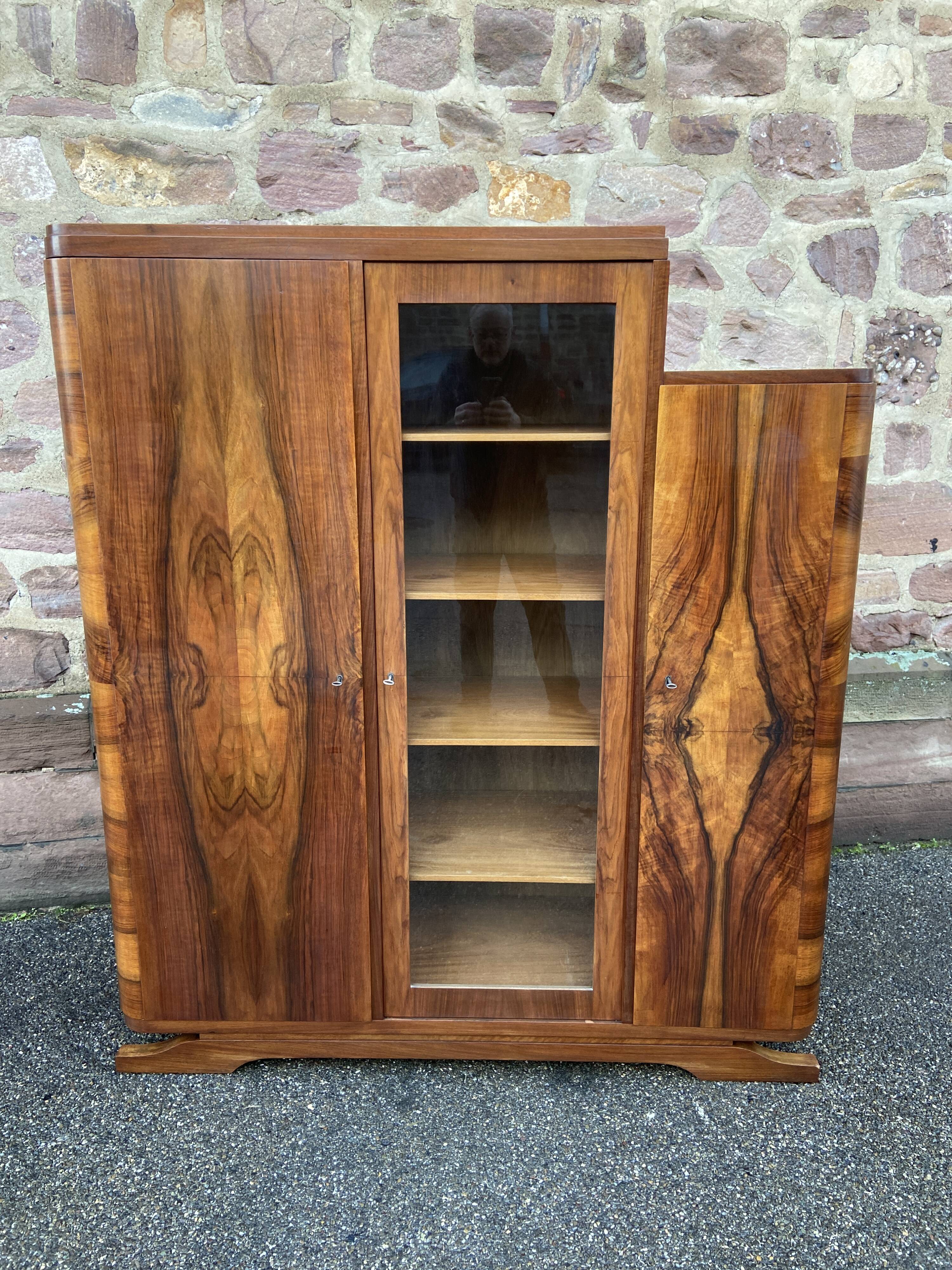 Mid-century art-deco library display case vintage 1950 burl walnut