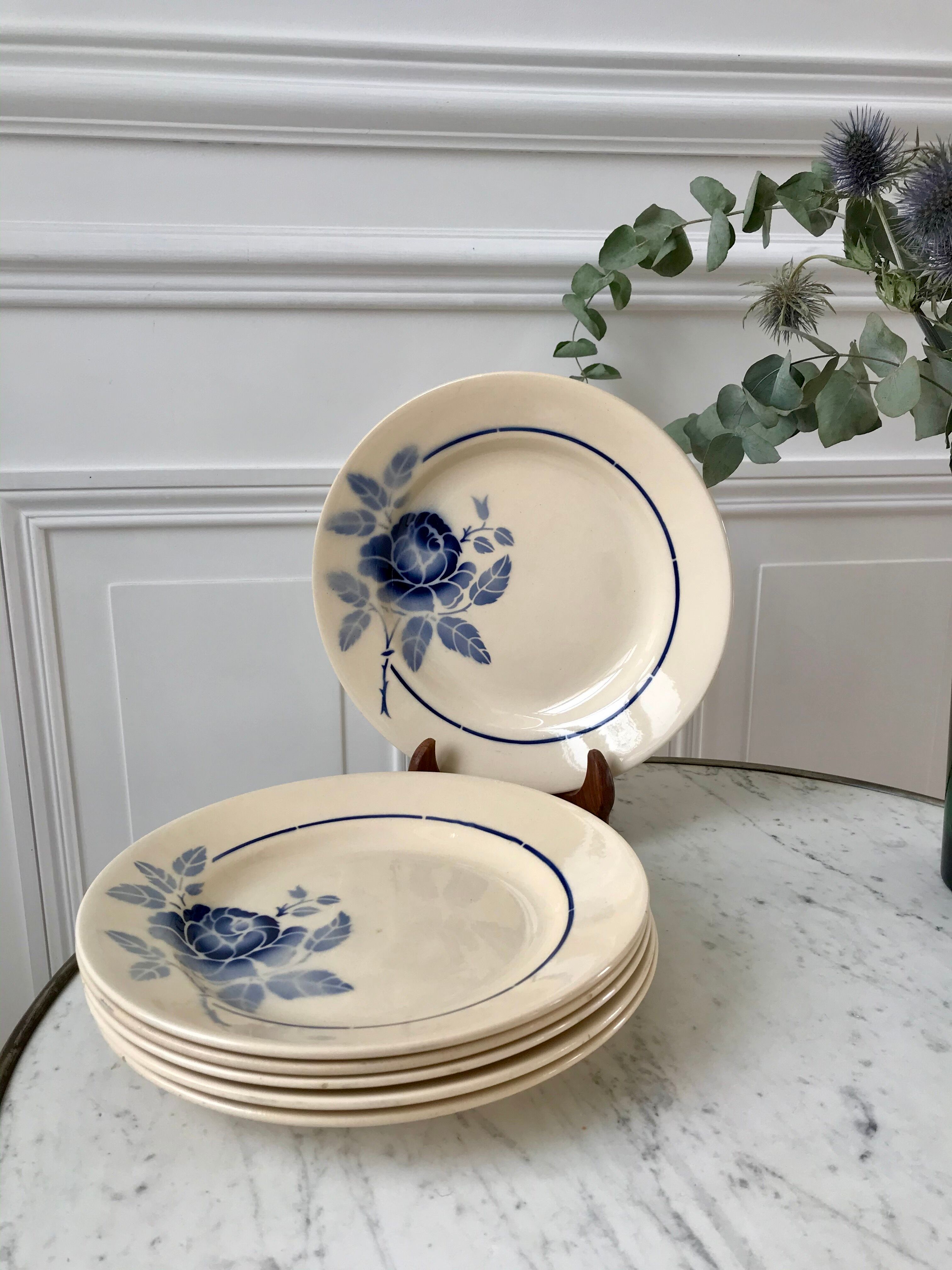 Set of 6 dessert plates blue flowers saint-amand 30s-40s