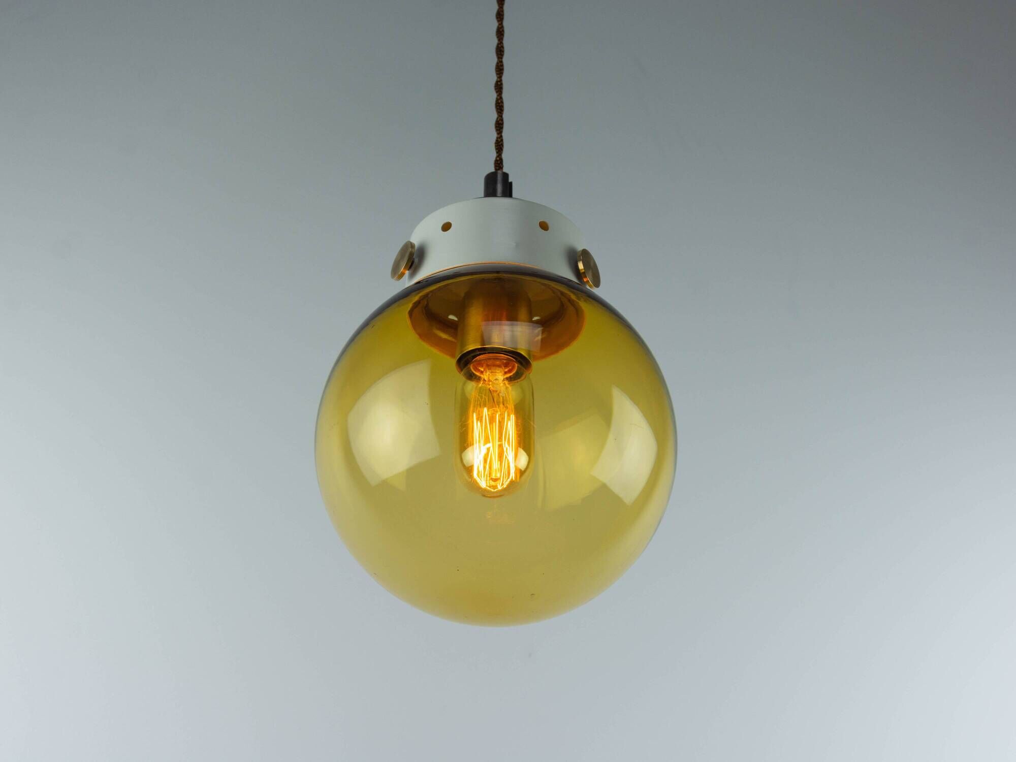 Industrial Vintage Mid-Century Modern Amber Glass And Brass Metal Lamp