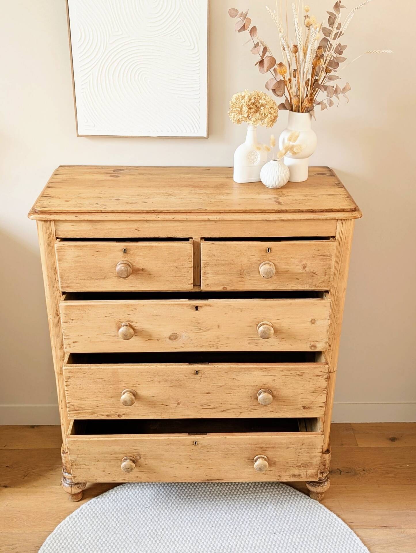 Large renovated antique English chest of drawers in solid pine.