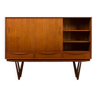 Mid-century teak highboard with bar cabinet, teak credenza in Kurt Ostervig style, Denmark, 1960s