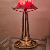 Wrought iron lamp patinated gold with beautiful marbled tulip orange, red, black, very beautiful 35x15 art deco