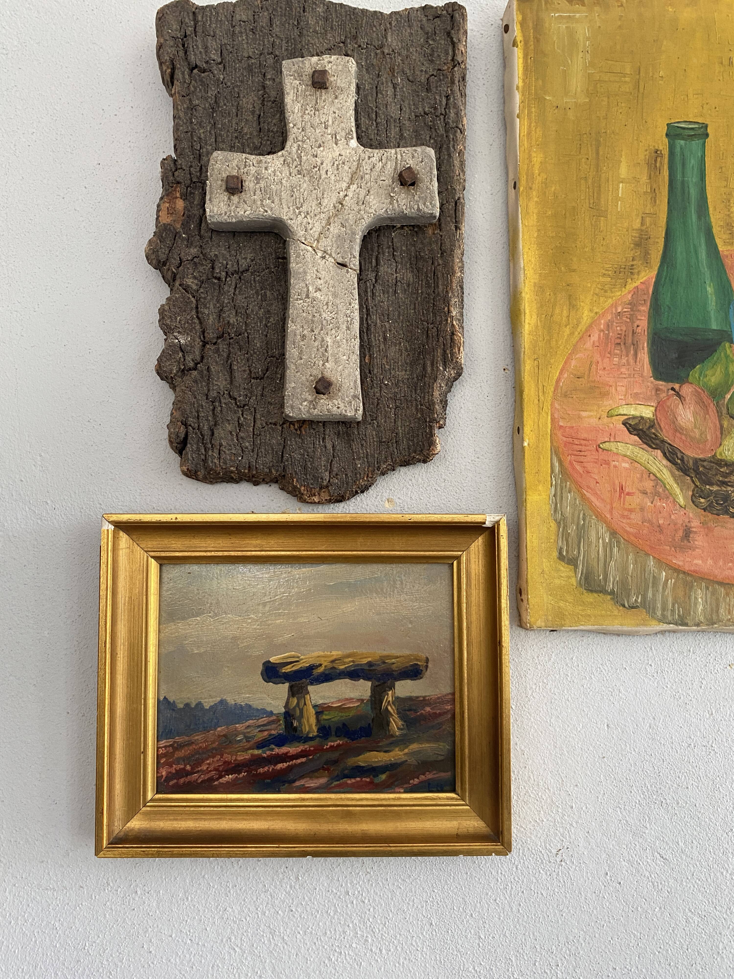 Oil on cardboard 19th century “the cross” wood and plaster frame
