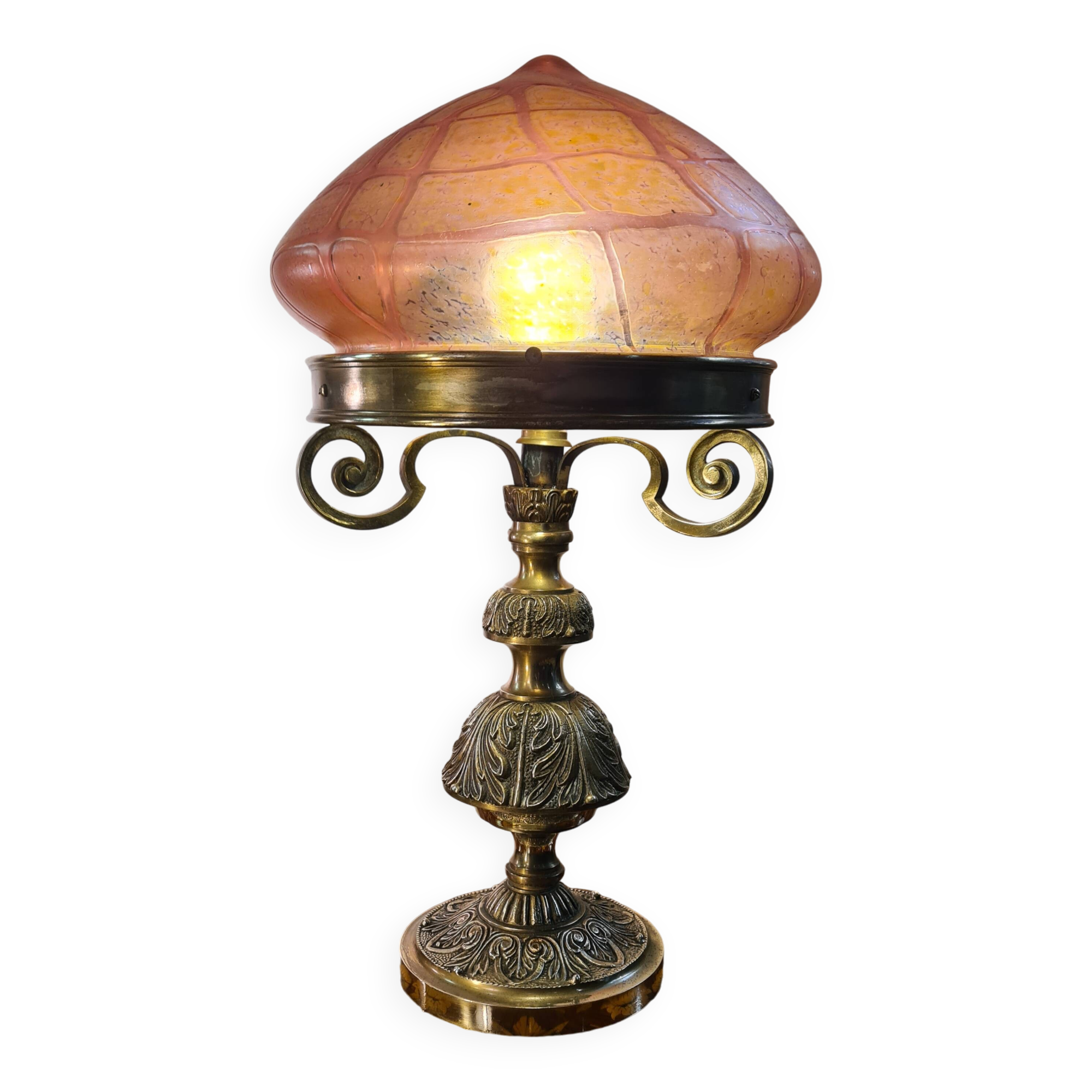Austrian Art Nouveau bronze lamp with Loetz style art glass shade L54x32