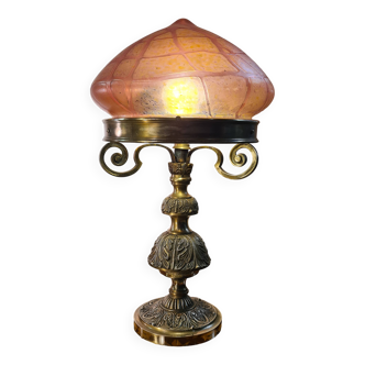Austrian Art Nouveau bronze lamp with Loetz style art glass shade L54x32