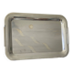 Vintage stainless steel serving platter with marine decor and golden handles.