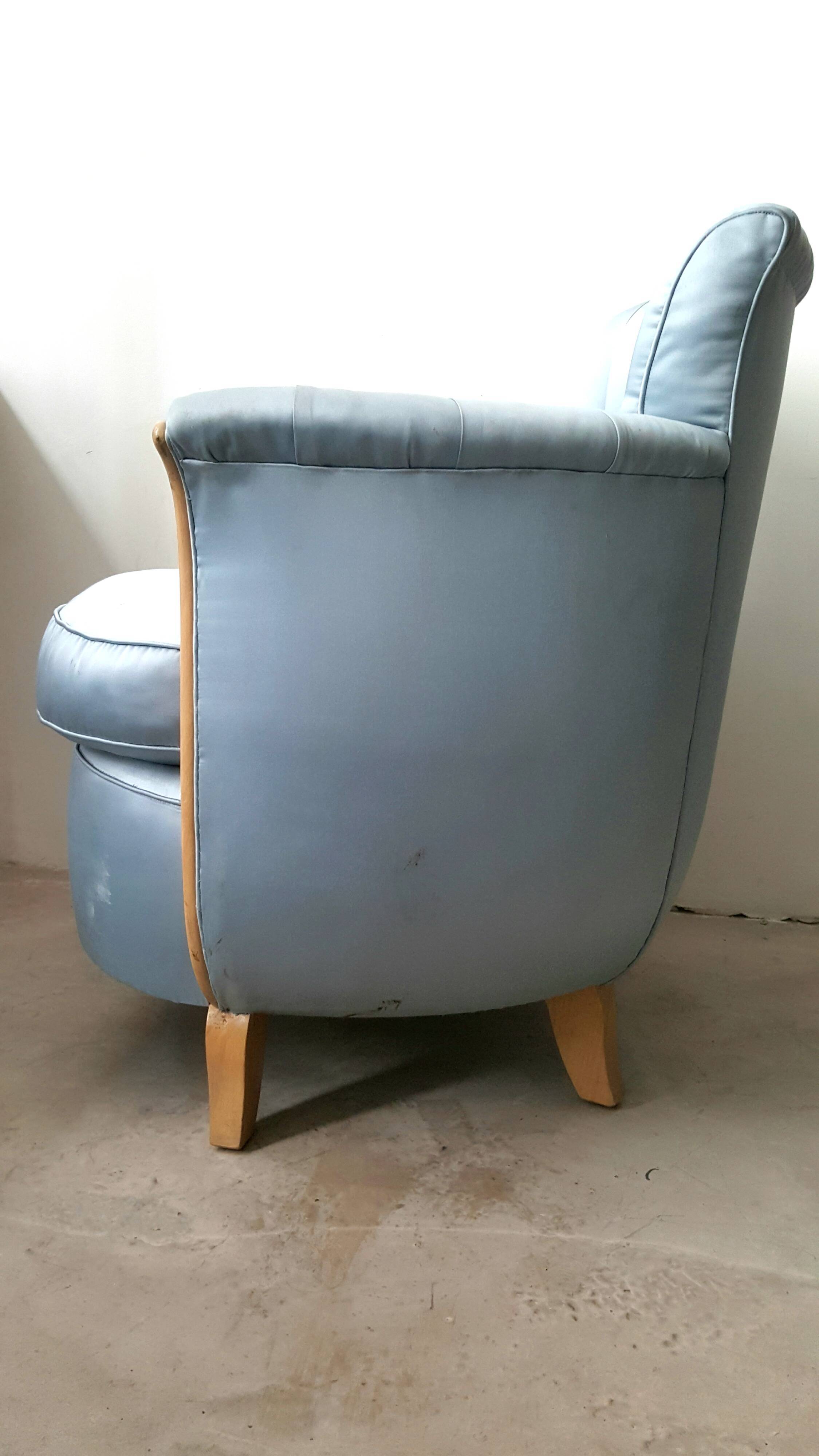Cocktail chair bas corbeille in sycamore blond and blue silk - art deco 1930