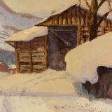 Tableau ancien, paysage de neige signé Salanon  milieu du XX siècle