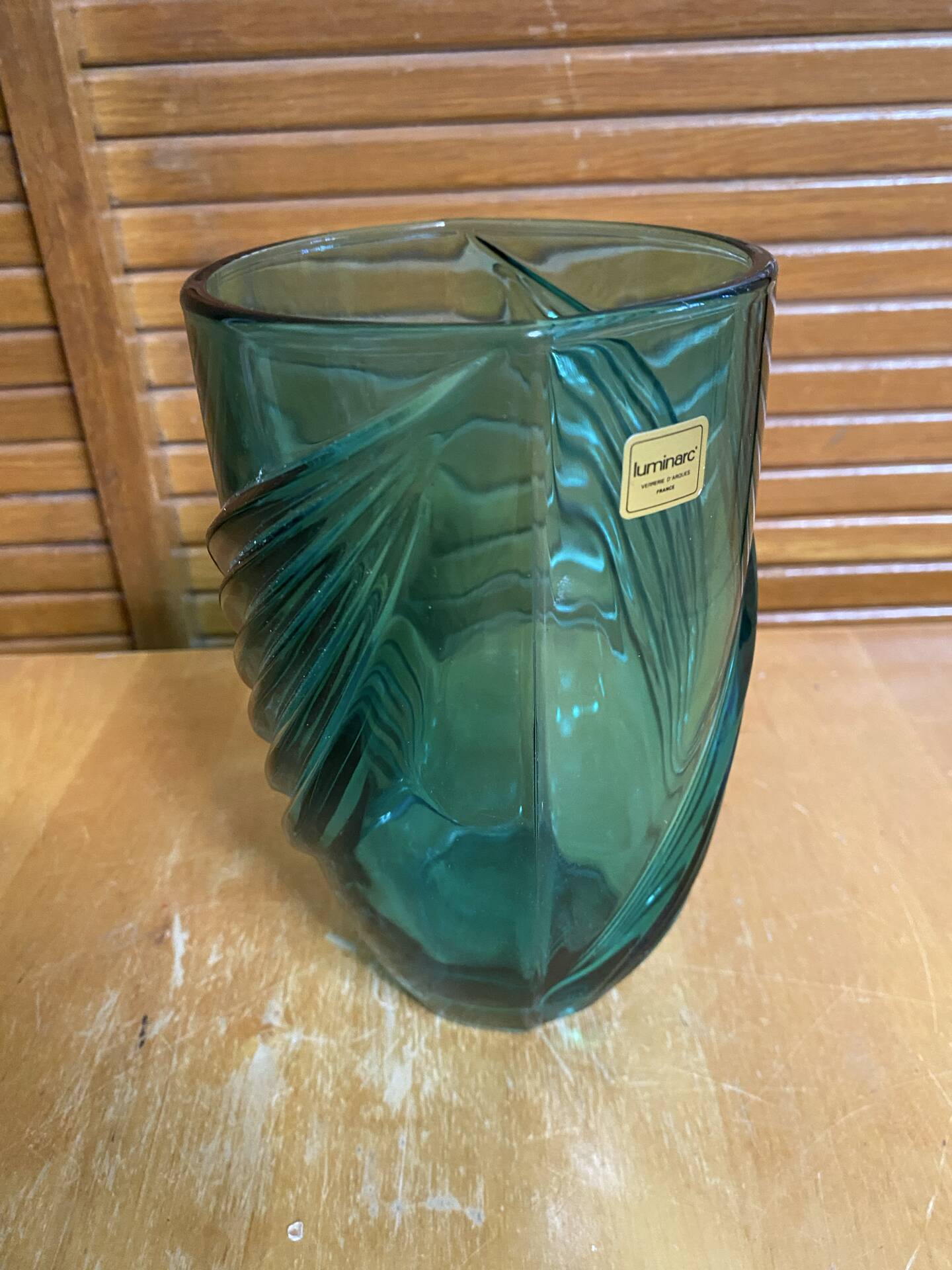 Vintage LUMINARC Green Moulded Glass Vase Made in France #E361