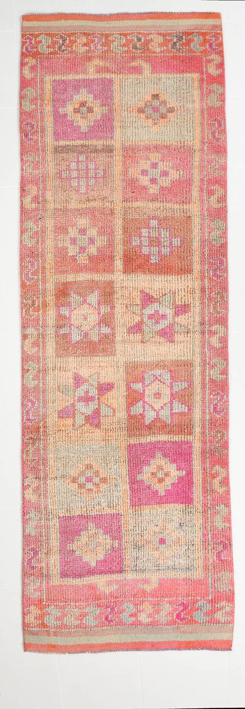 Pink & Orange Vintage Turkish Runner Rug, 103x326Cm