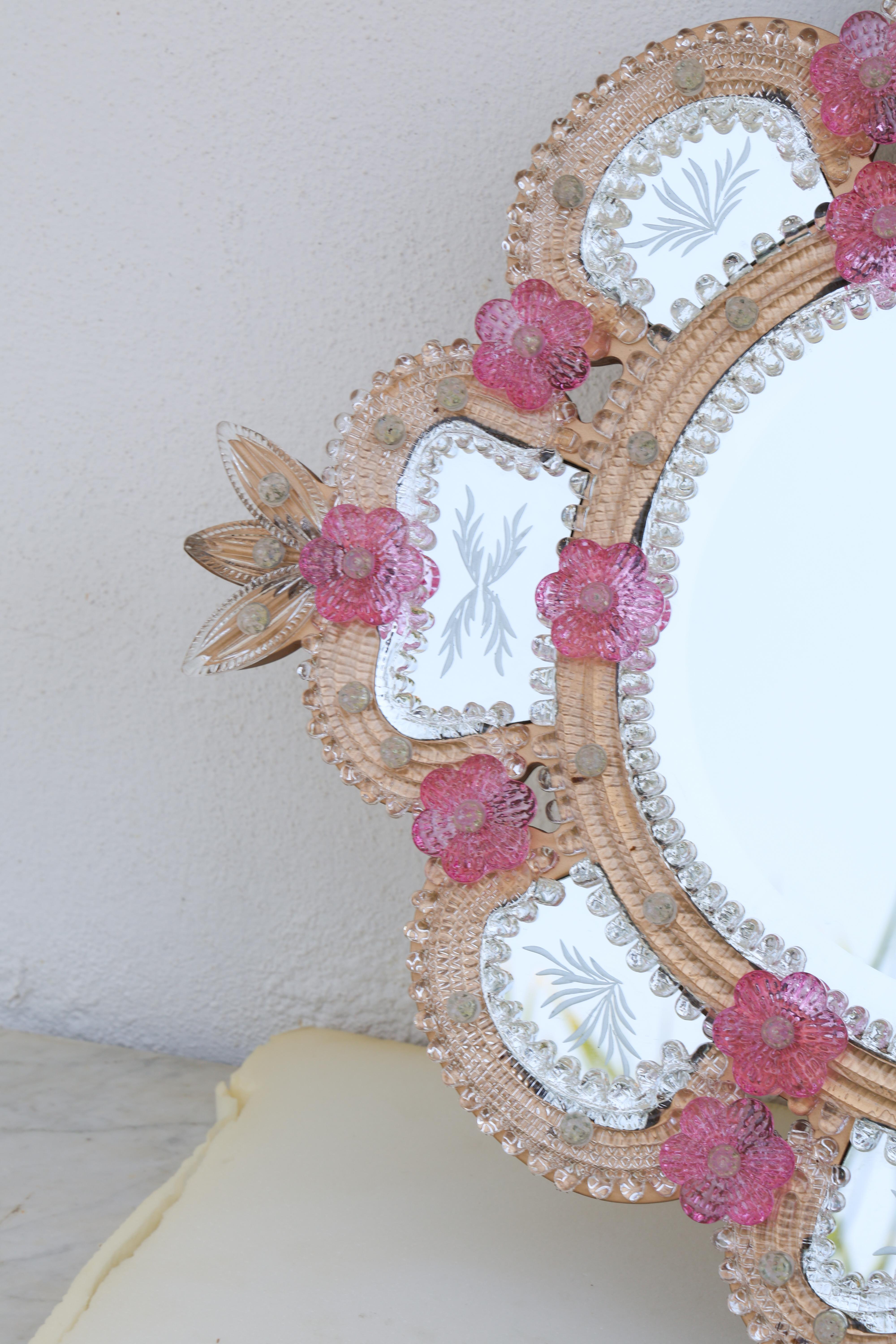 Exceptional Vintage Pink Murano Glass Wall Mirror