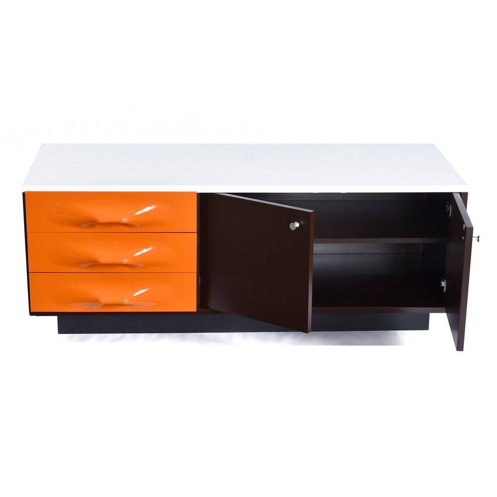 Meuble TV DF-2000 en marron, orange et blanc de Raymond Loewy.