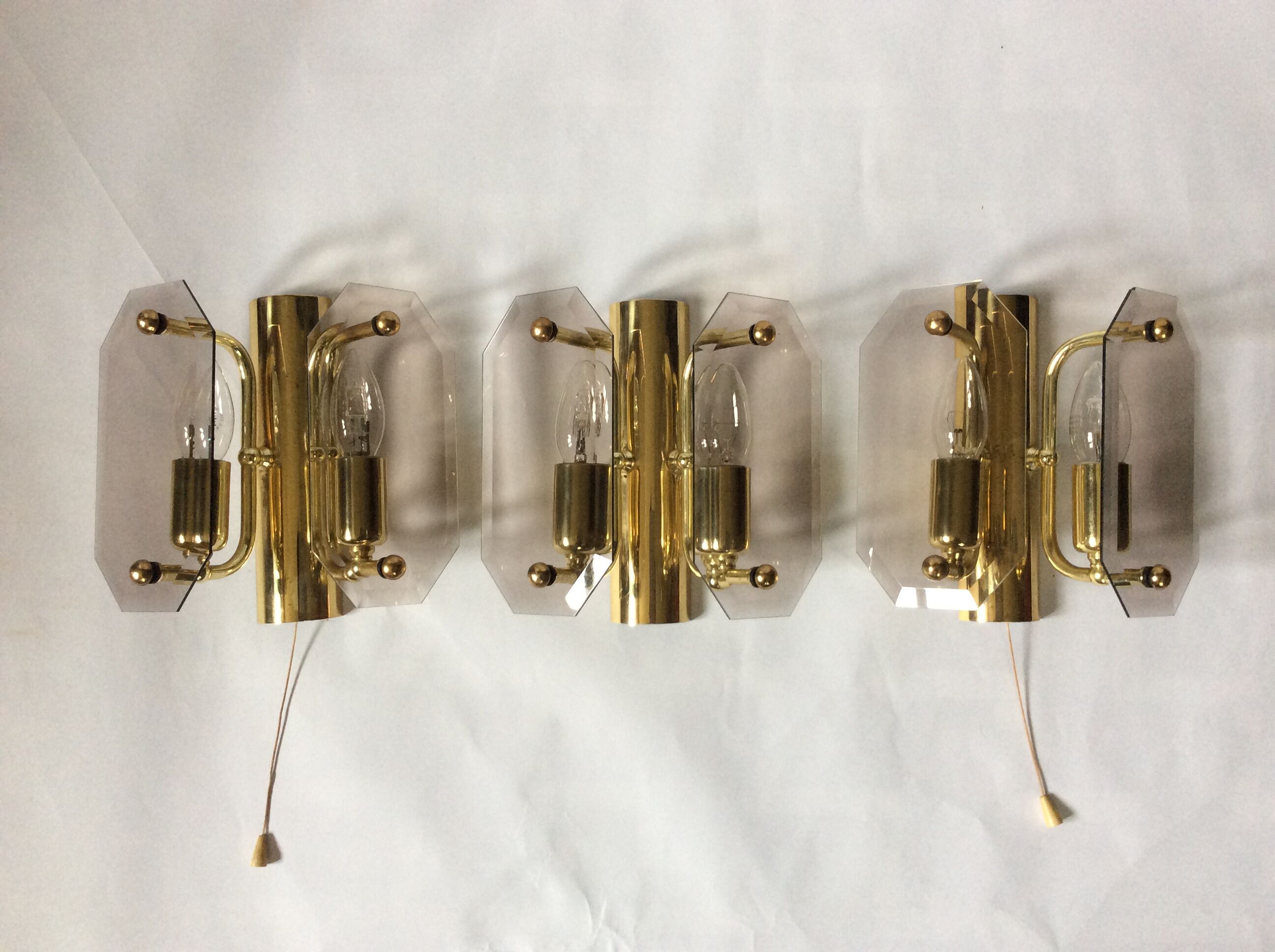 3 brass and vintage glass wall sconces