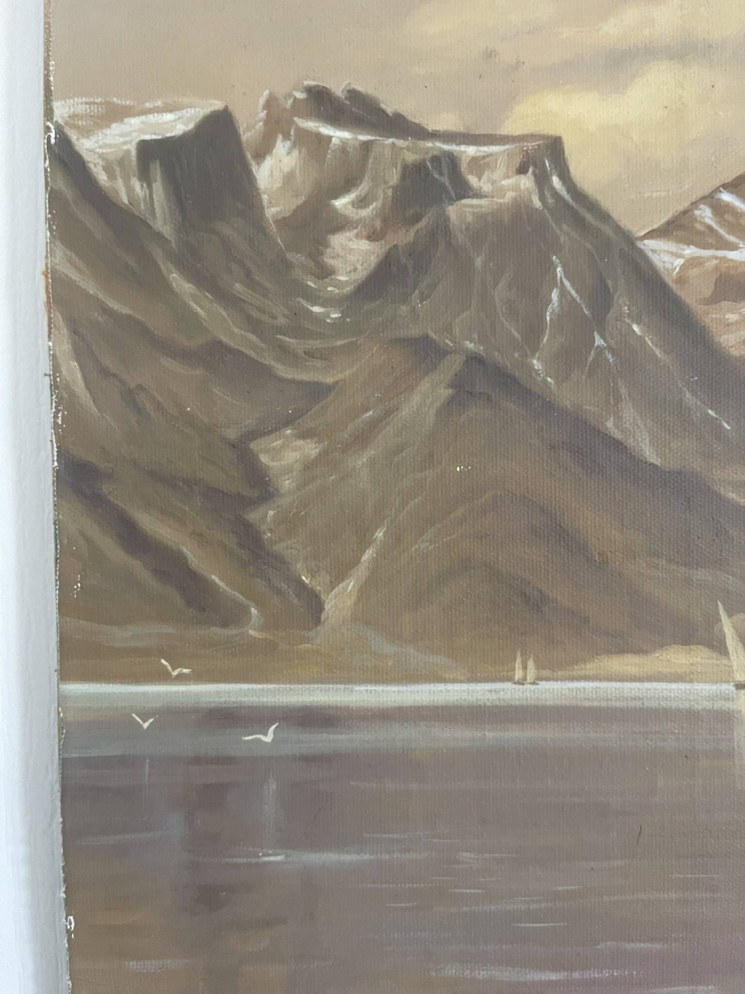 Oil Painting Canvas Landscape Mountain Lake Switzerland Signed Veillon