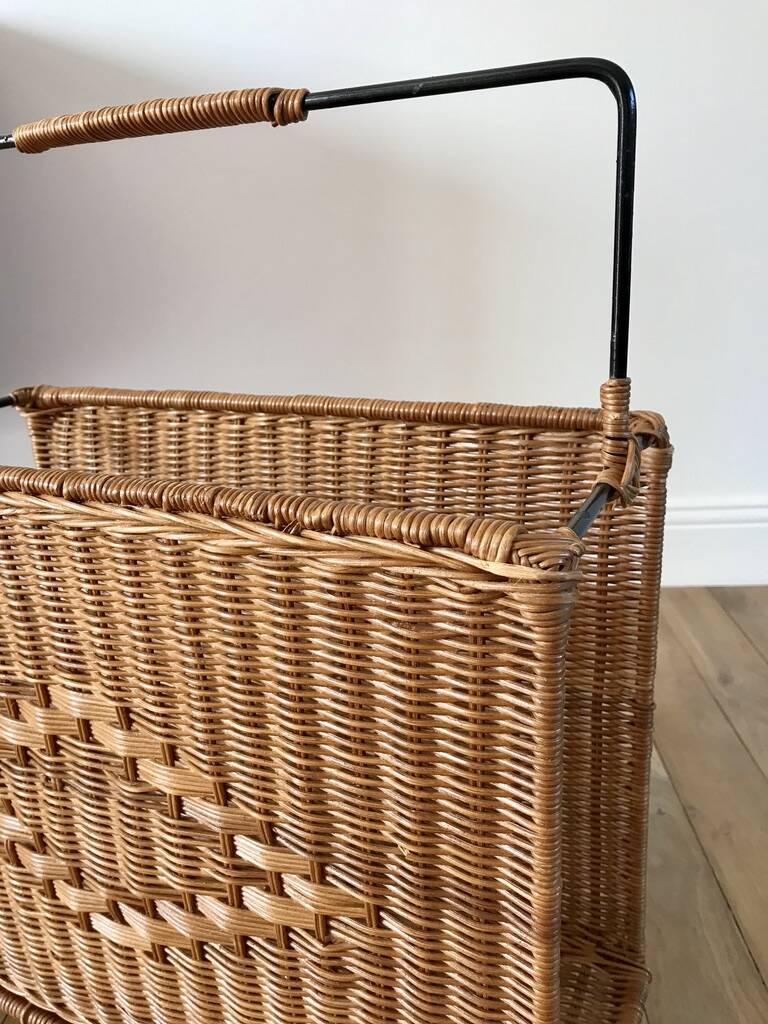 large wicker / rattan and black iron magazine rack from the 70s