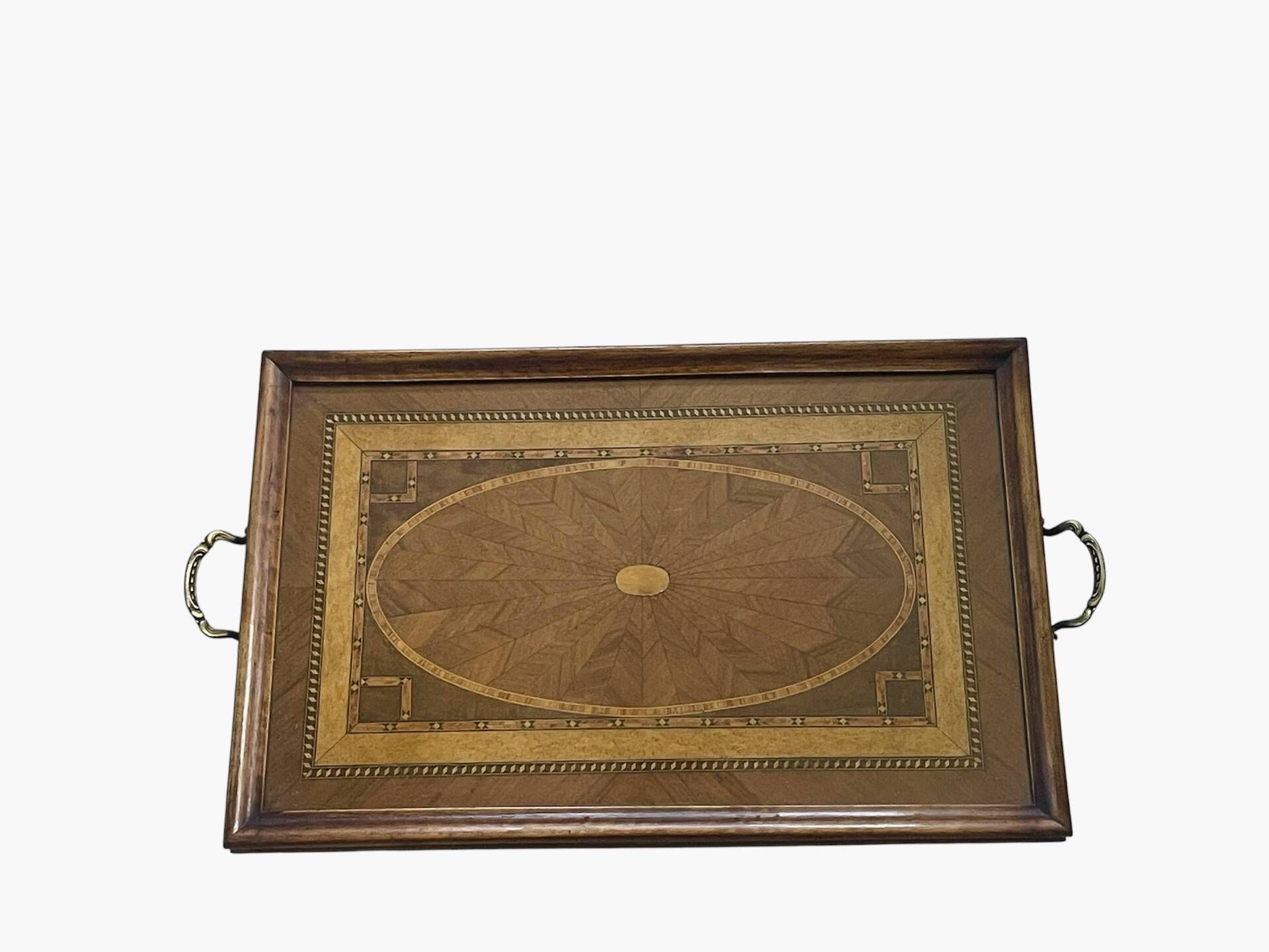 Large vintage tray, wood marquetry under glass