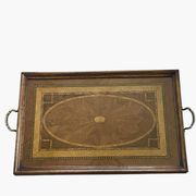 Grand plateau vintage,  marqueterie de bois sous verre