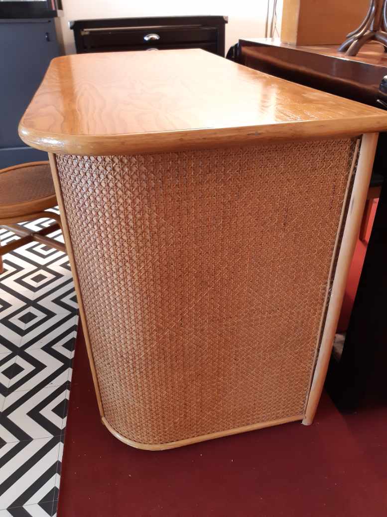 Desk with vintage rattan chair