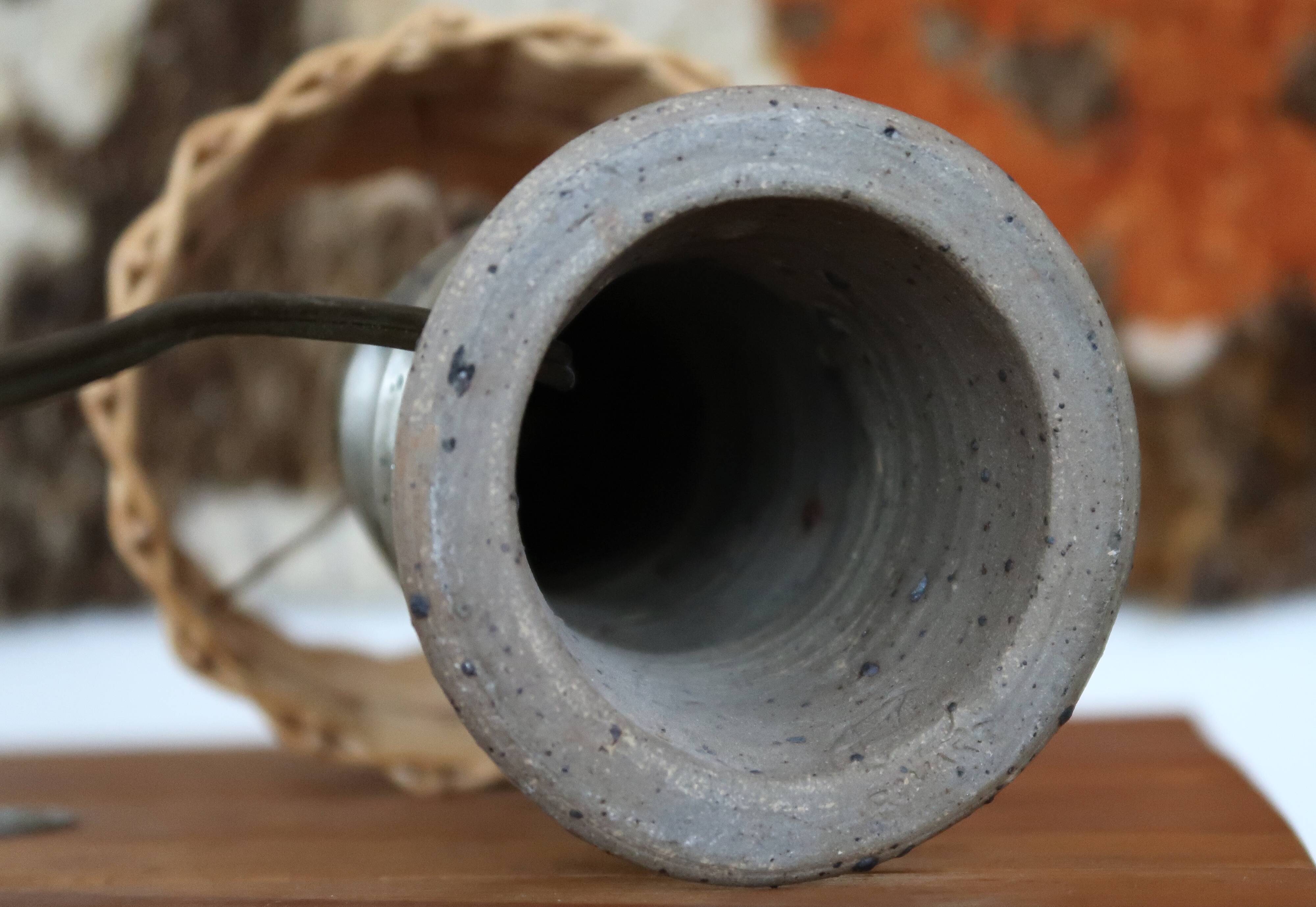 Stoneware lamp signed Rouard, wicker lampshade, 50s