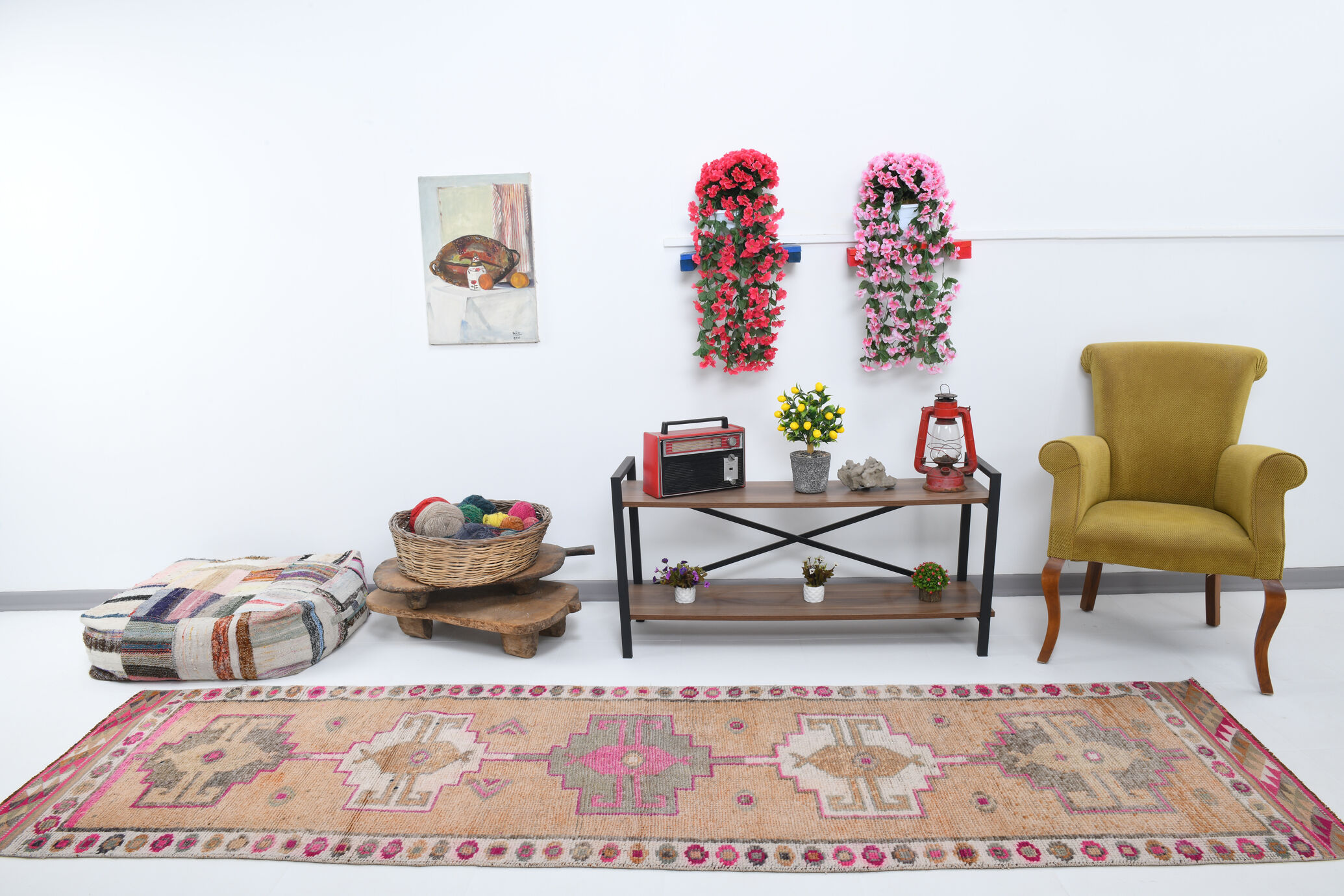 Neutral color handmade runner rug 317x87cm