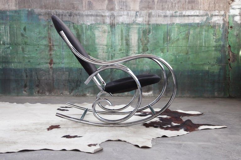 1970s chrome and black velvet sculptural rocking chair