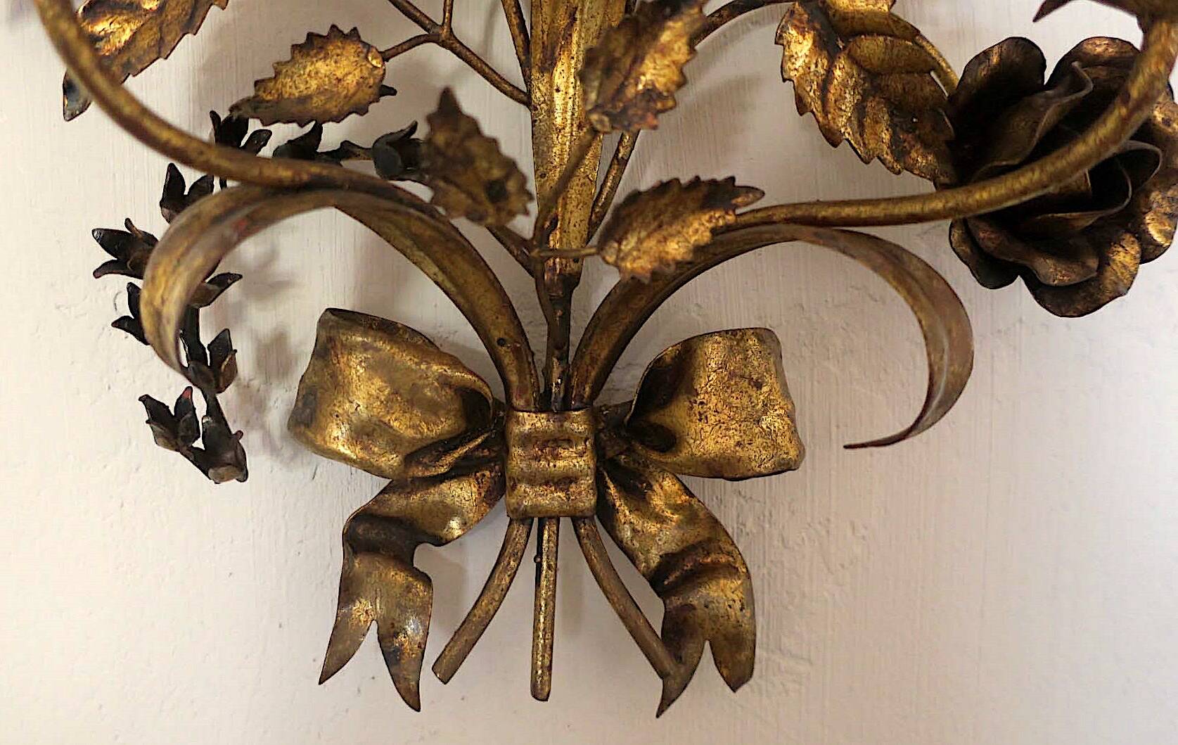 Pair of gold plated wall double candleholders with roses by Hans Kögl, 1960