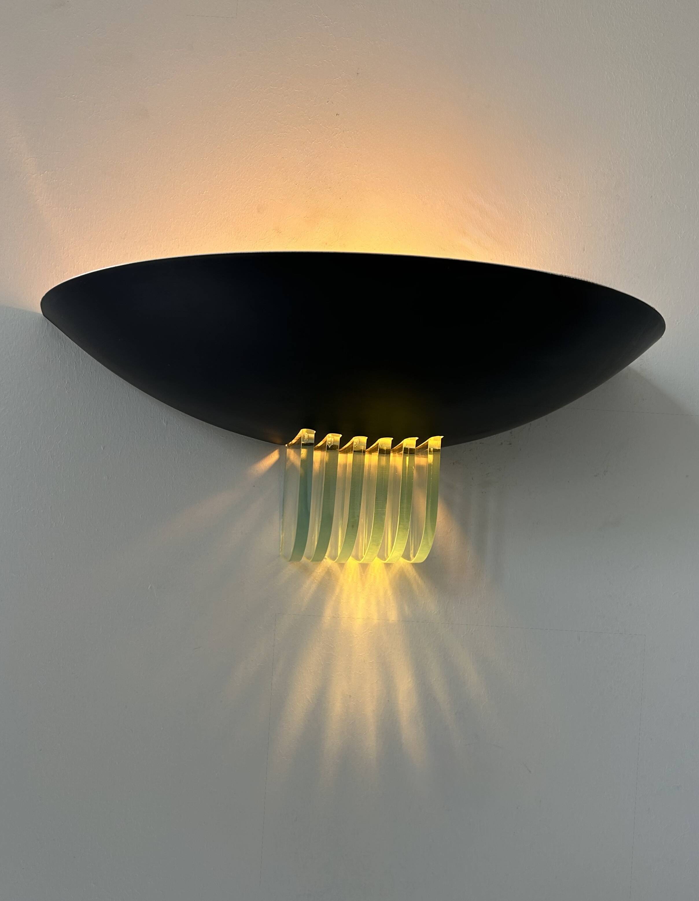 Pair of vintage post-modernist wall lights, black metal and glass, France 1980