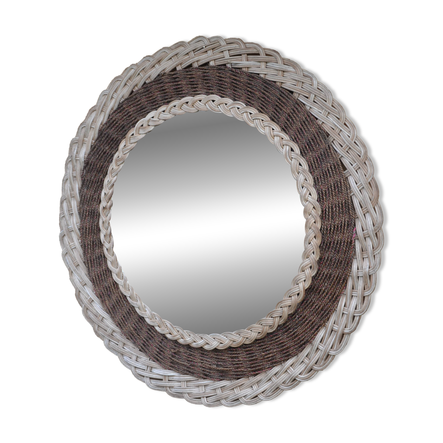 Round woven rattan mirror with rope from the 1970s.