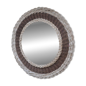 Round woven rattan mirror with rope from the 1970s.