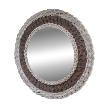 Miroir rond rotin tressé et corde années 70