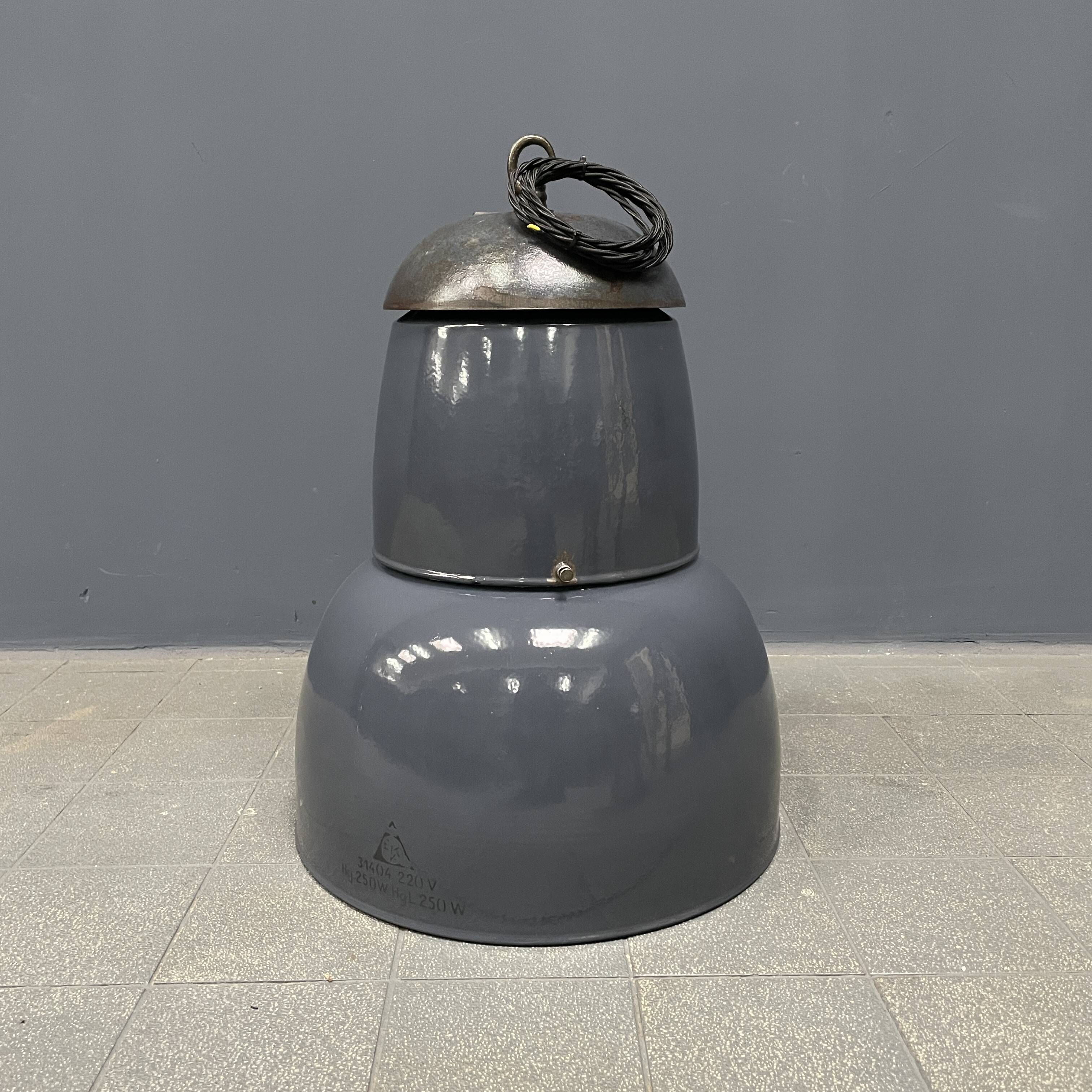 Large old industrial blue-gray enamel pendant lamp