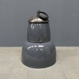 Grande lampe à suspension industrielle ancienne en émail bleu-gris