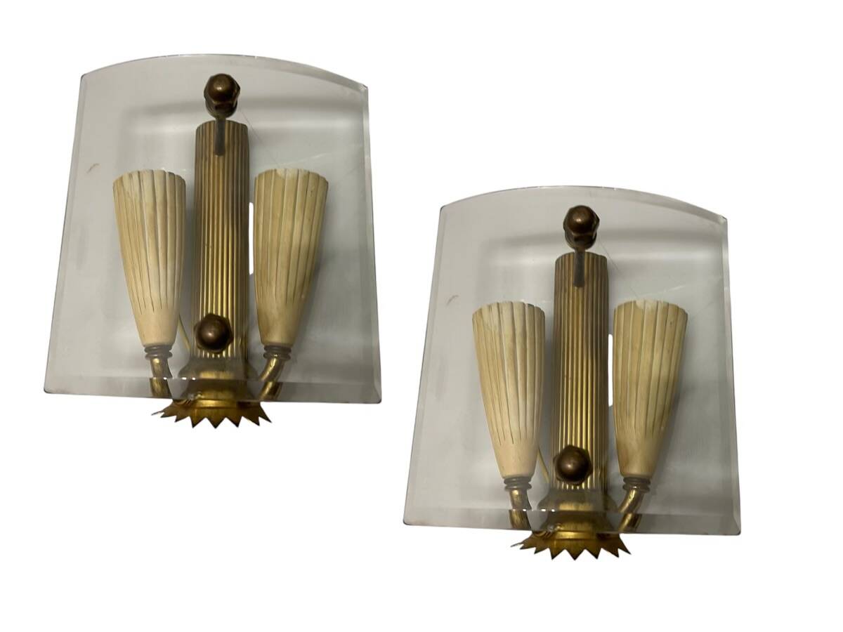 Brass Glass Sconces in a Fontana Arte  style