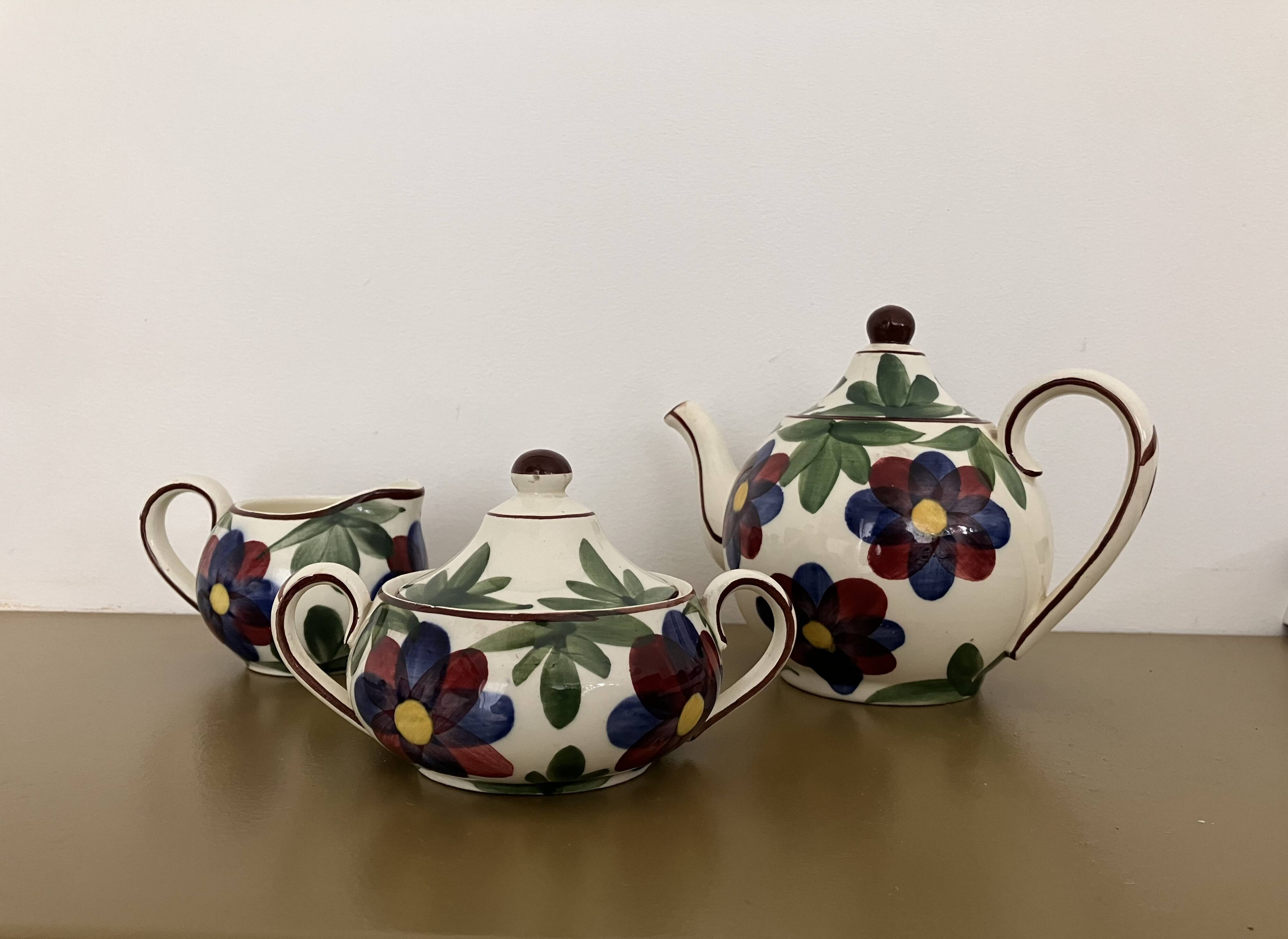 Schramberg teapot with sugar bowl and milk jug with hand-painted floral motif