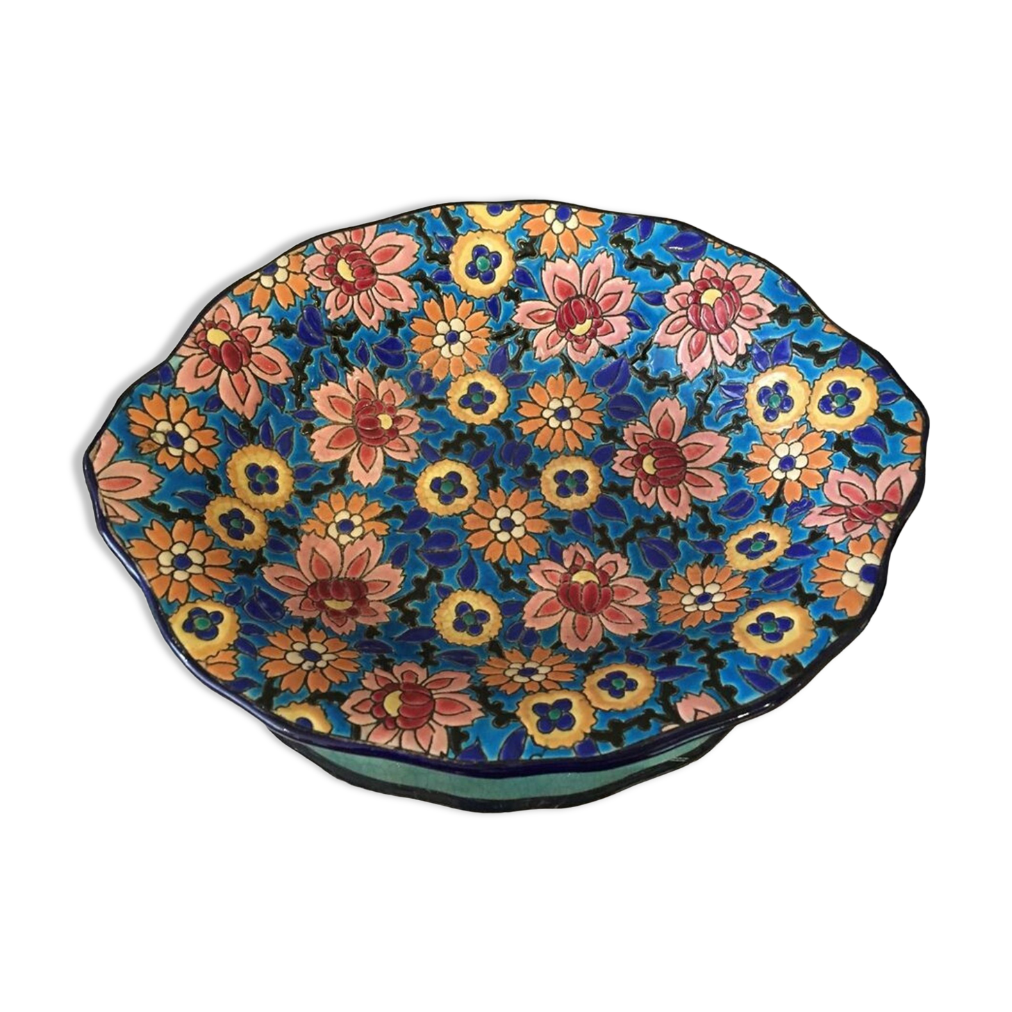 Oval fruit cup in Longwy enamels with floral decoration