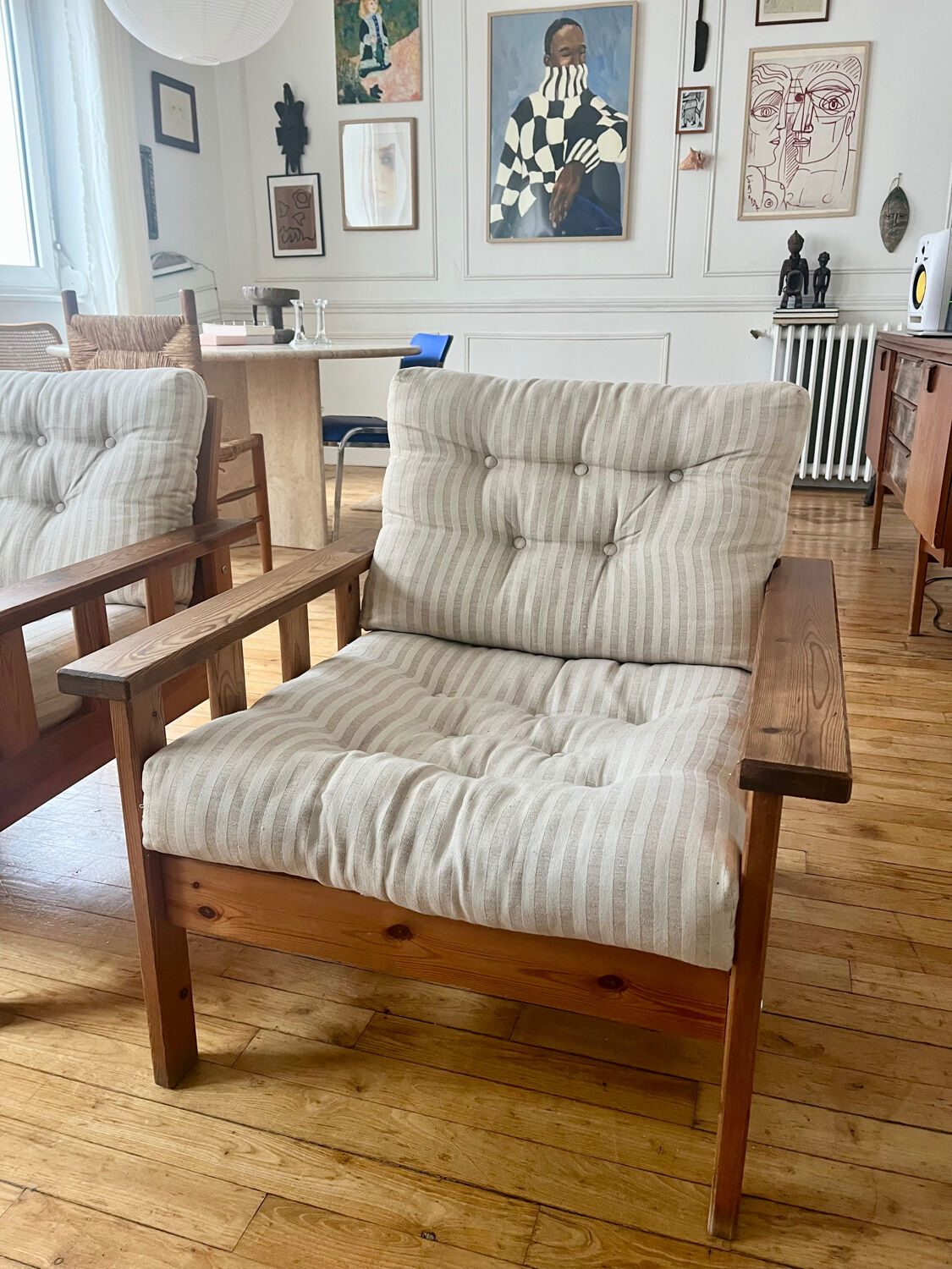Pair of pine armchairs, 1980s, Sweden