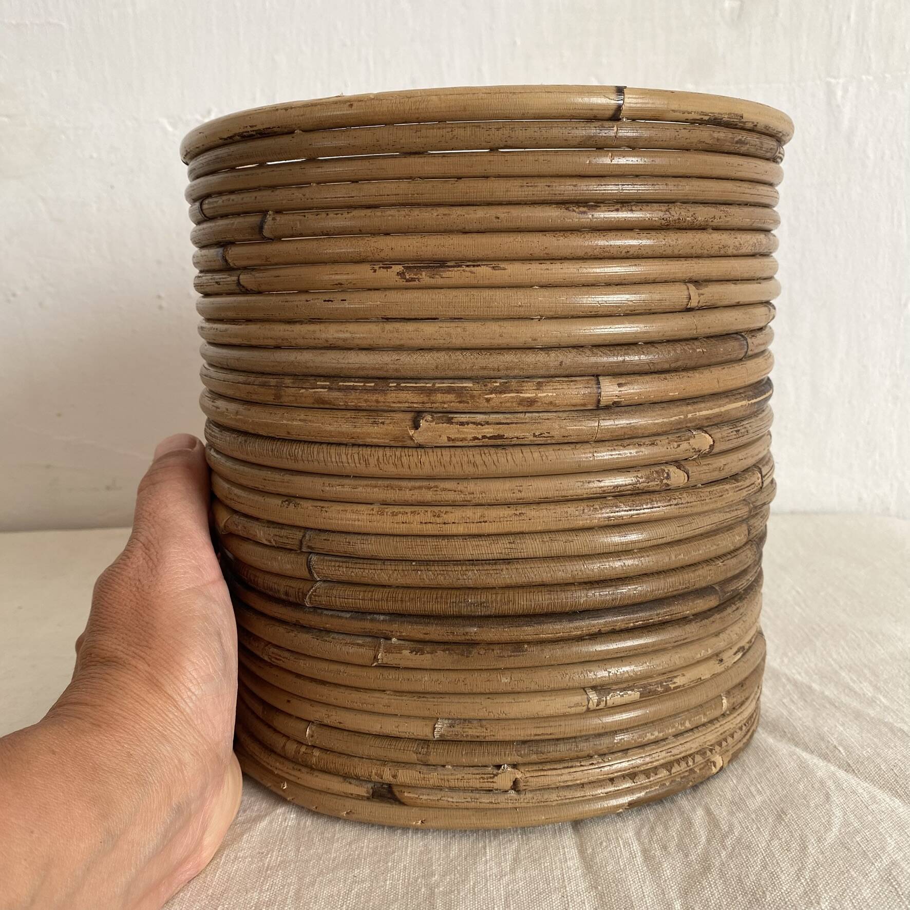 Vintage rattan cache pot in the style of Gabriella Crespi.
