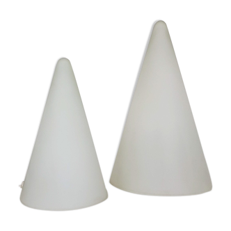 Set of two “teepee” milk glass table lamp by SCE France, 1970s